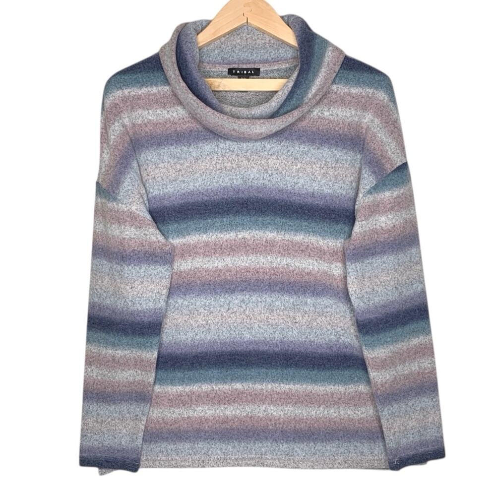 Tribal Cowl Neck Sweater M Bluestone Space Dye Ombre Brushed Knit Drop Shoulder